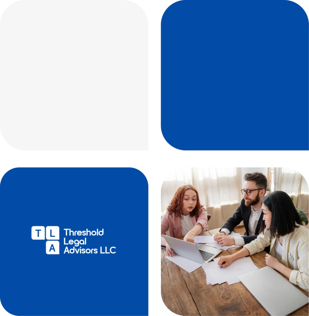 A collage of four rounded squares on a checkered background featuring a white square, a solid blue square, a blue square with the Threshold Legal Advisors LLC logo, and a photo of three colleagues working at a table.