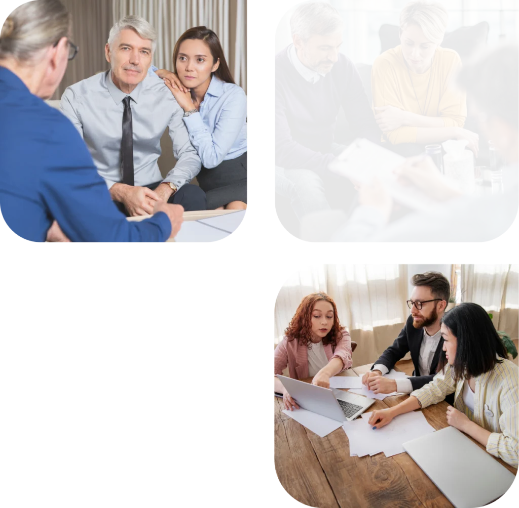 A collage featuring an older man and younger woman listening to a consultant, and another image of three people reviewing documents at a table.