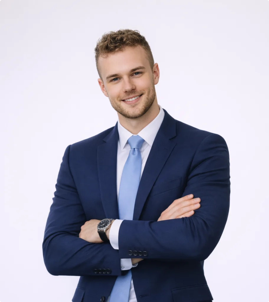 A smiling man with light brown hair wearing a blue suit and light blue tie, standing with his arms crossed.